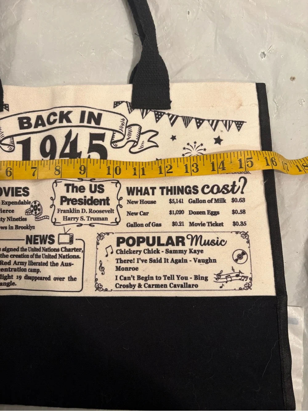 Vintage 1945 Limited Edition Canvas Tote Bag - Black & Cream Reusable Shopper